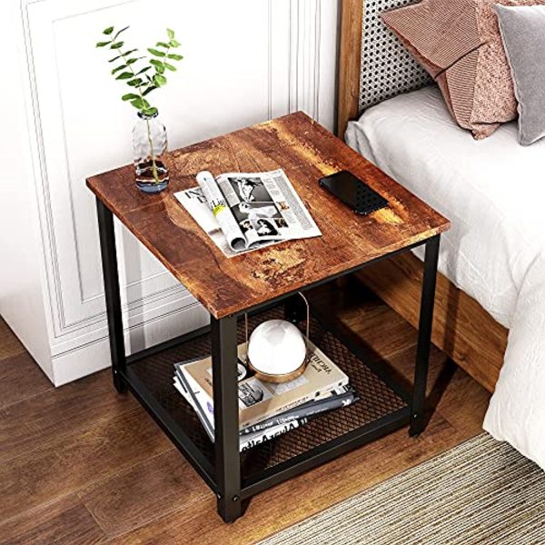 WLIVE Industrial Square End Table, 2-Tier Side Table with Mesh Storage Shelf, Printer Stand with Metal Frame, Adjustable, Easy Assembly, Brown Supply