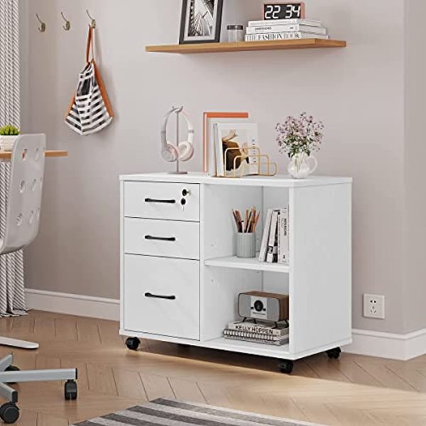 Panana Wood File Cabinet, 3 Drawer Mobile Lateral Filing Cabinet On Wheels, Printer Stand with Open Storage Shelves ... Fashion