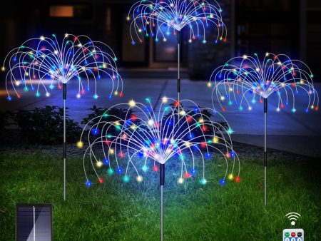 Unihoh Outdoor Solar Garden Lights, 4 Pack 120 LED Copper Wire Waterproof Solar Garden Fireworks Lamp with Remote, 8 Modes Decorative Sparkles Stake Landscape Light for Garden Pathway Lawn Decor (Colorful) For Sale