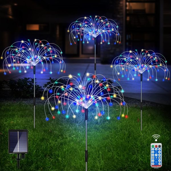 Unihoh Outdoor Solar Garden Lights, 4 Pack 120 LED Copper Wire Waterproof Solar Garden Fireworks Lamp with Remote, 8 Modes Decorative Sparkles Stake Landscape Light for Garden Pathway Lawn Decor (Colorful) For Sale