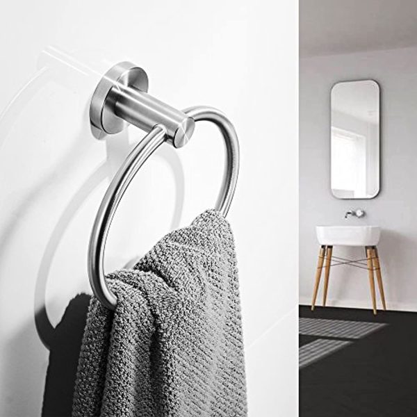 BESy SUS 304 Stainless Steel Bathroom Hand Towel Ring Towel Holder, Drill Free with Glue or Wall Mounted with Screws, Heavy Duty Round Pedestal, Brushed Nickel Finish Cheap