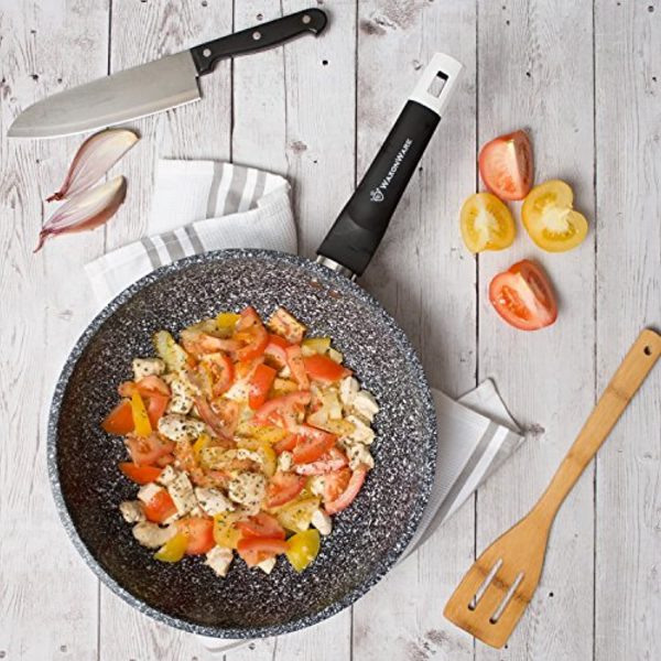 WaxonWare 11 Inch Non Stick Wok & Stir Fry Pan With STONETEC (A 100% PTFE, PFOA and APEO Free) Ceramic Coating & Induction Bottom + Free Table Trivet on Sale